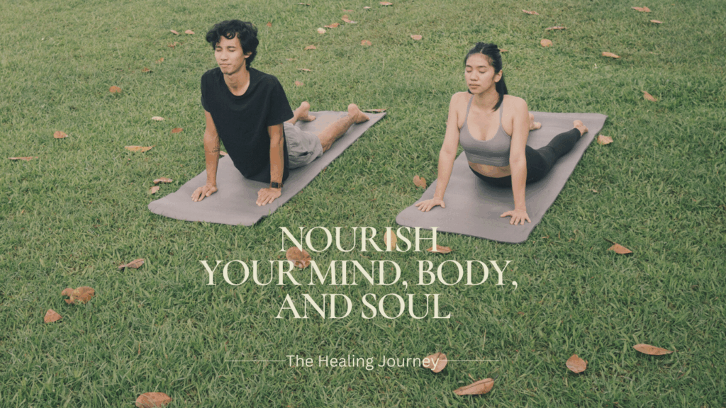 A peaceful yoga and wellness scene representing holistic healing, mindfulness, and natural living